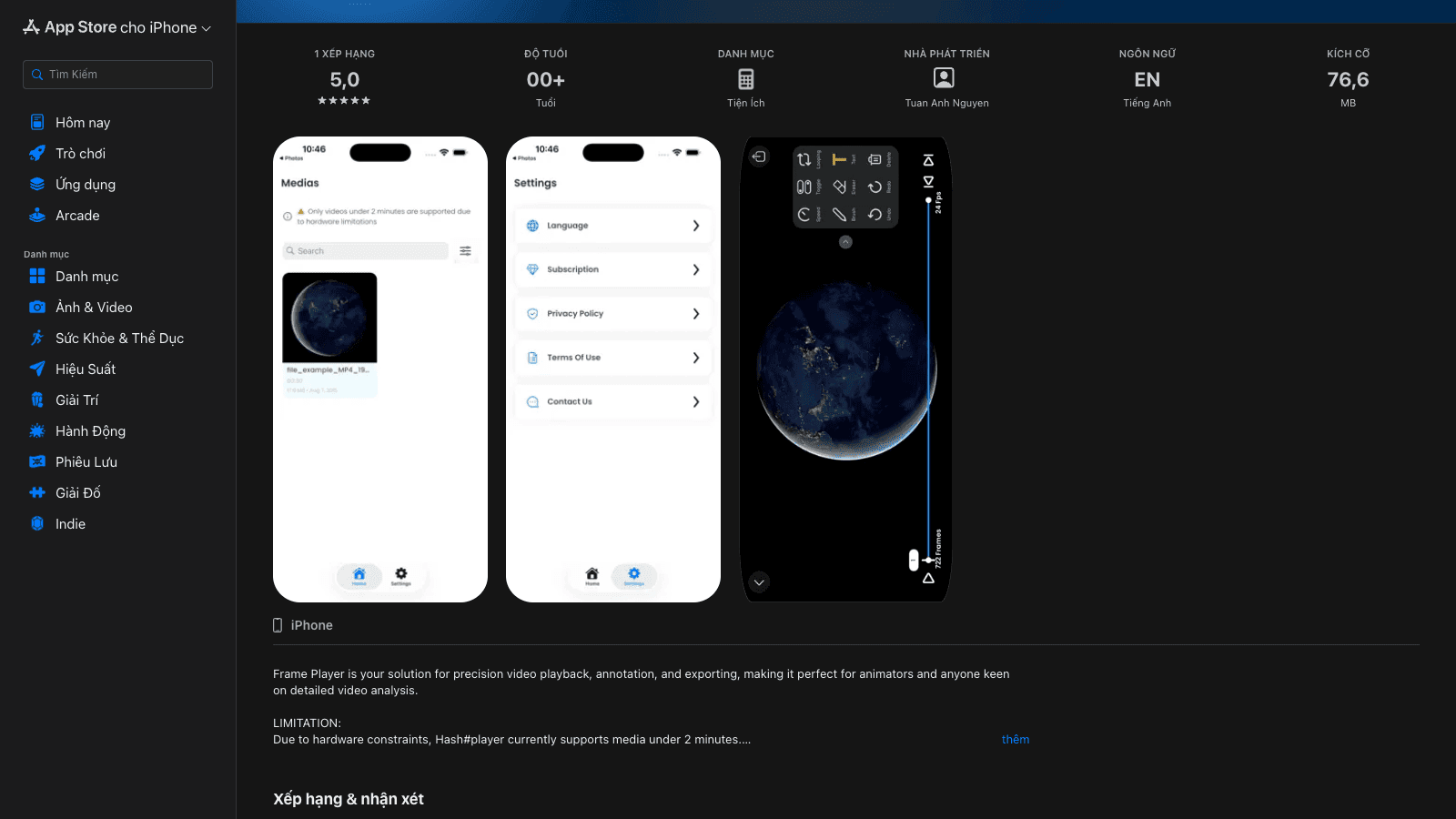App Store listing showing three iPhone screens: a media library, a settings list, and the player in landscape with a frame scrubber and a floating tool palette.